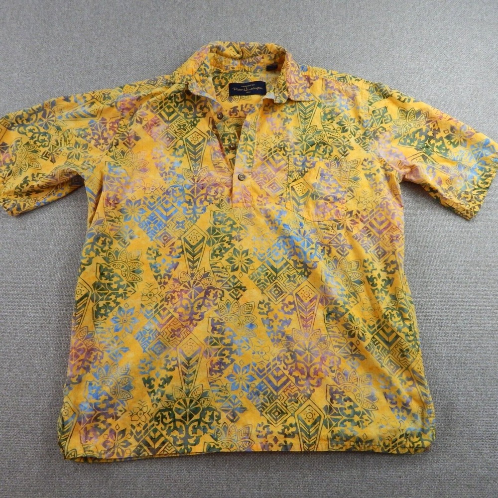 Pete Huntington Hawaiian Button Up Shirt Mens Medium Yellow Bali Beach Travel